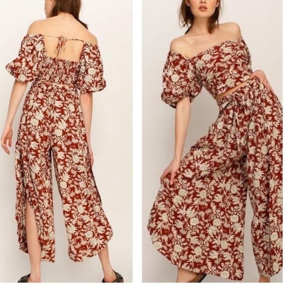 Free People Sunday Set Floral Crop Top Womens S Red Linen Puff Sleeve